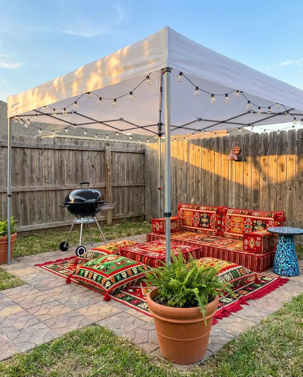 Budget-Friendly Covered Grill Area with Fabric Canopy