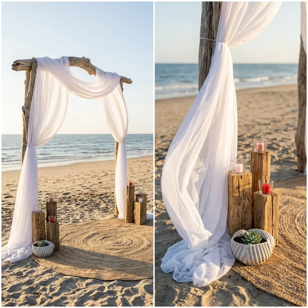 Romantic Beach Wedding Arch with Flowy Fabric
