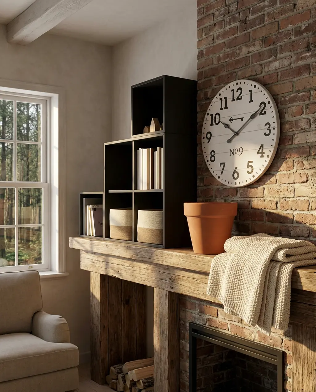 Rustic Farmhouse Mantle with Natural Wood and Woven Textures 2026