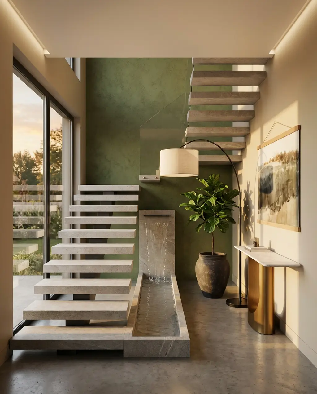 Unique Floating Stone Staircase with Integrated Waterfall Feature