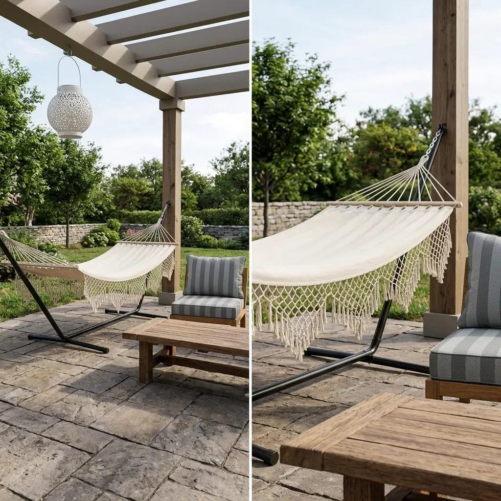 Bohemian Patio Lounge with Hammock and Patterned Gray Cushions