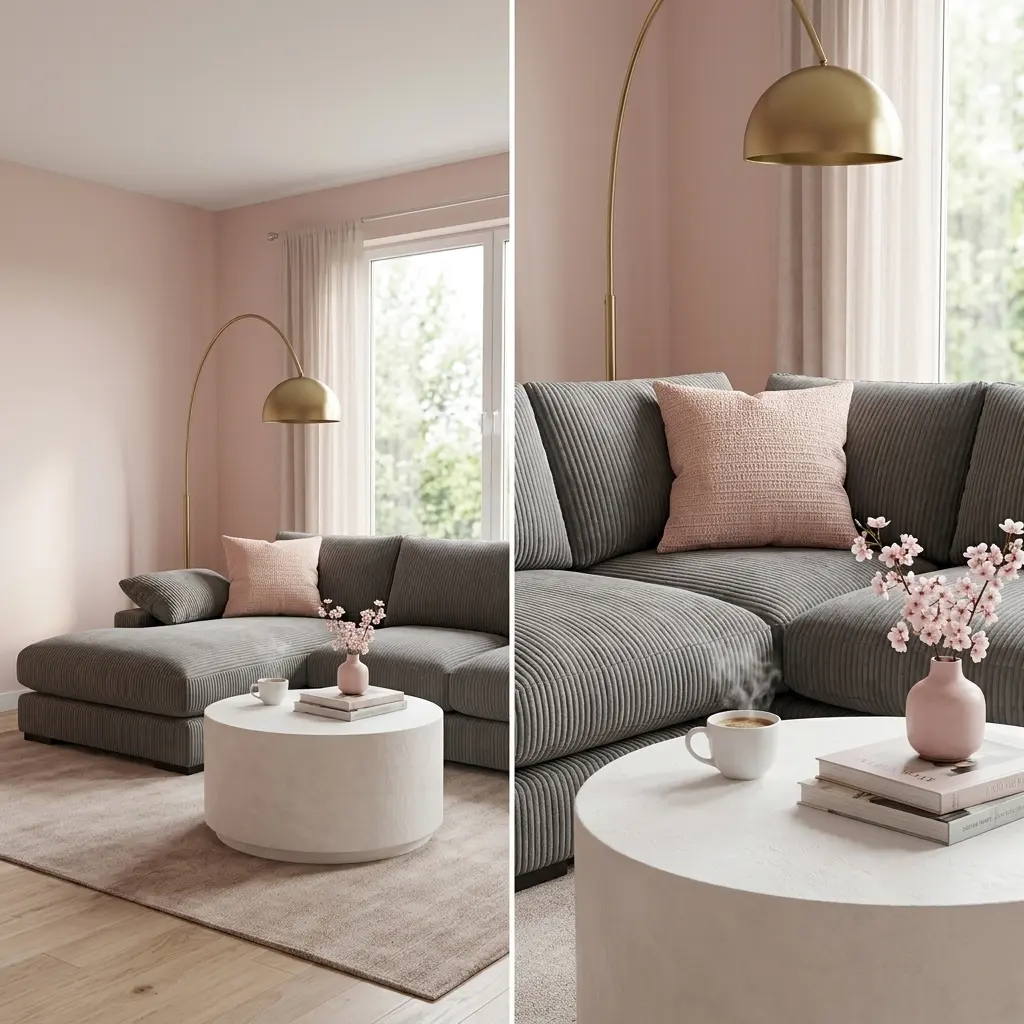 Cozy Spring Living Room with Plush Gray Couch and Warm Lighting