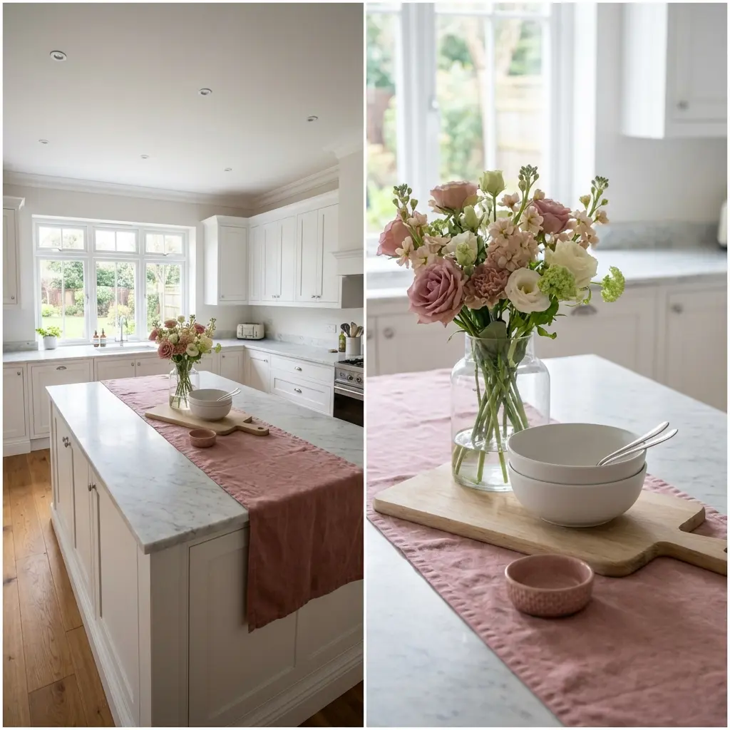 Chic Spring Kitchen Island with Fresh Flowers and Linen Runner