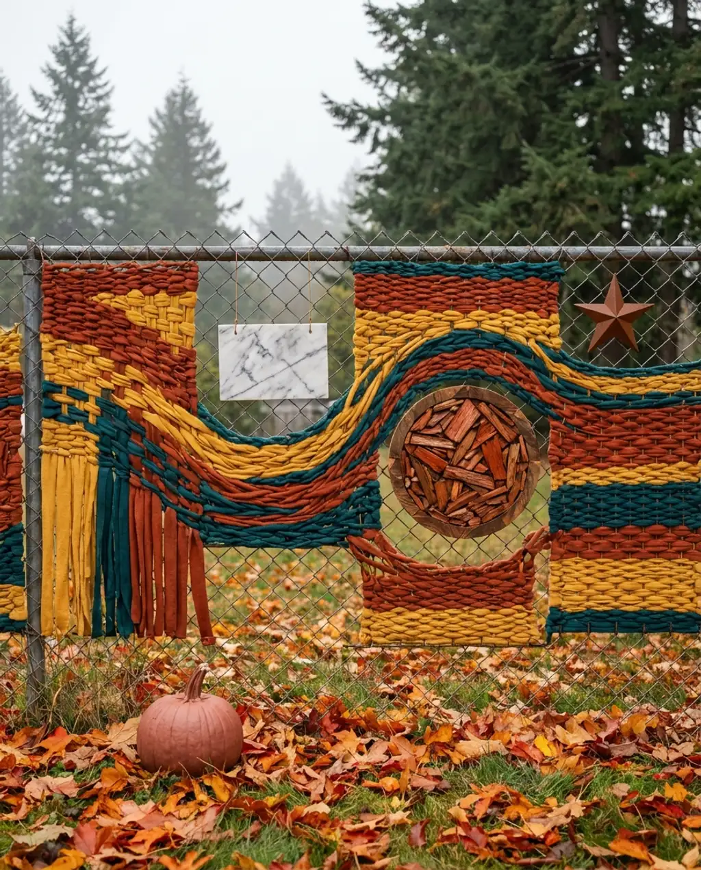 Chic Chain Link Fence with Fabric Weaving and Art