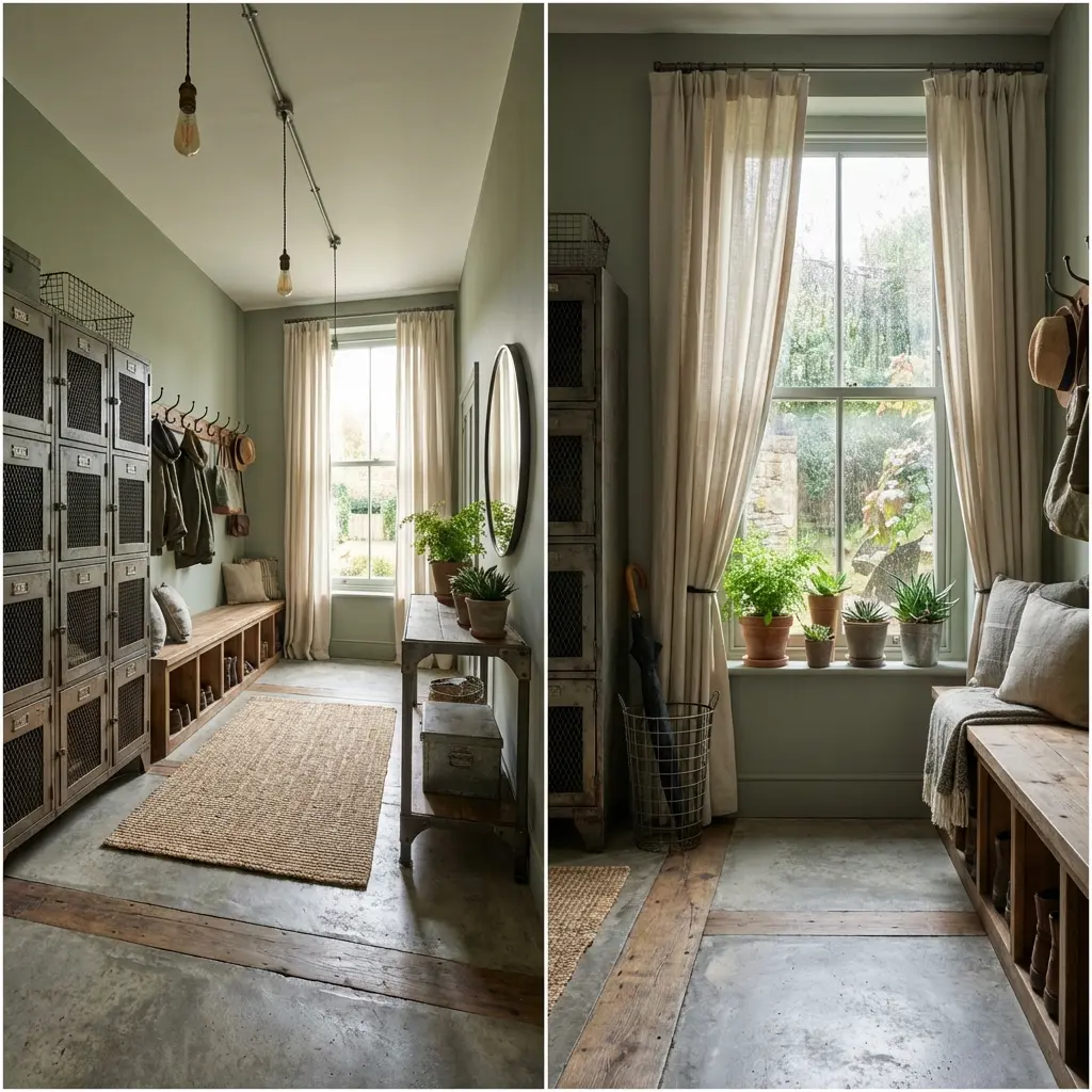 Industrial Chic Mudroom with Metal Lockers