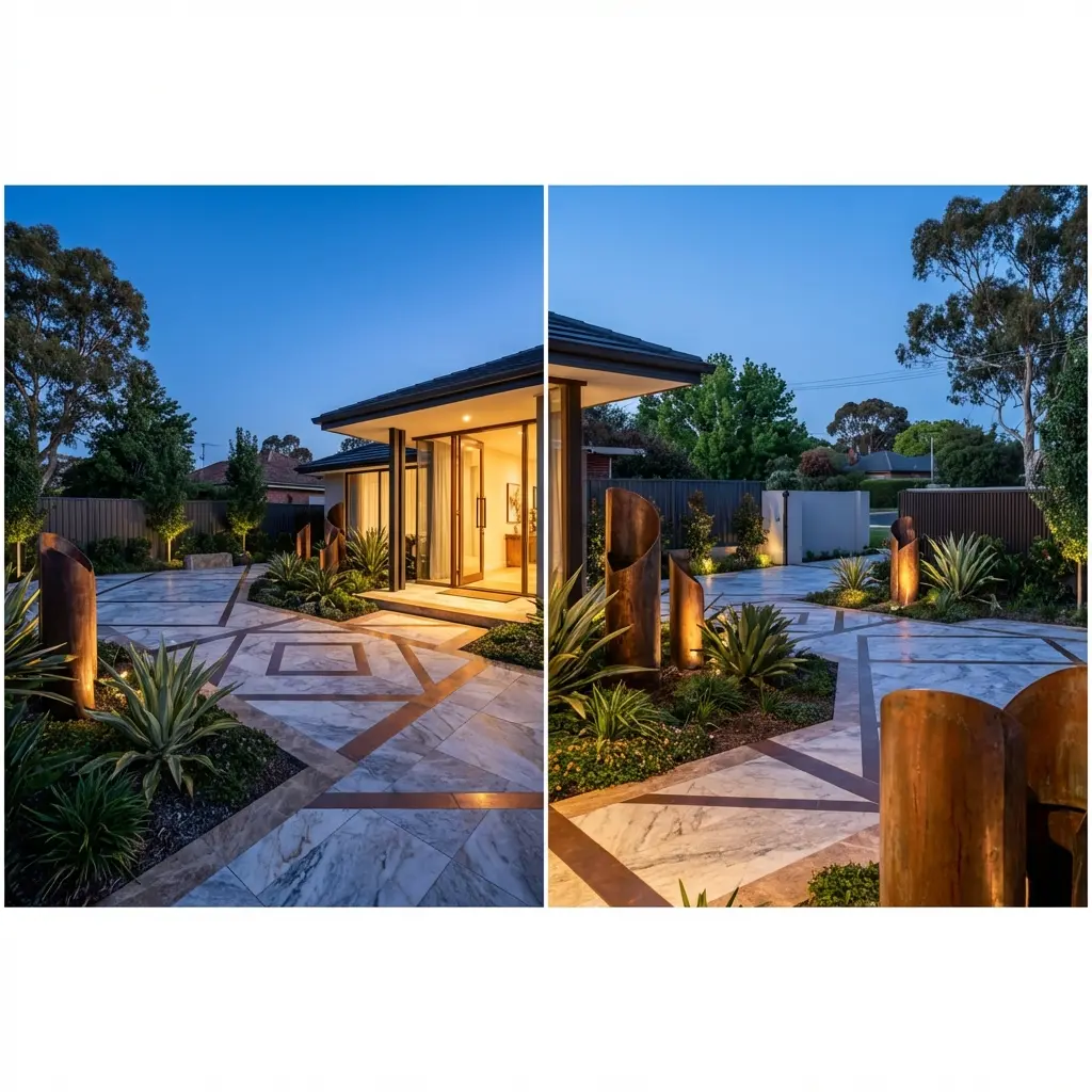 Courtyard Driveway with Artistic Paving and Sculptural Elements