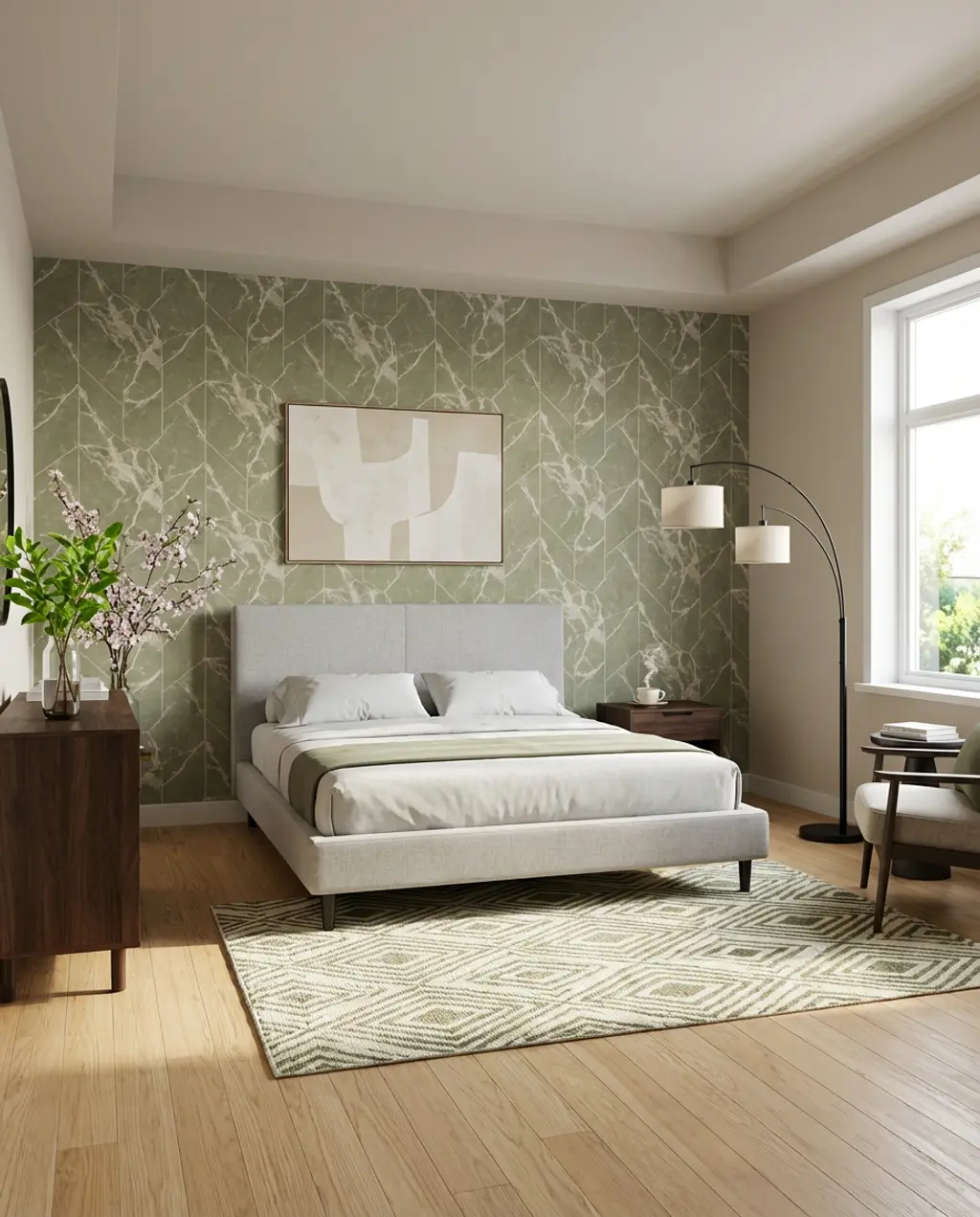 Abstract Geometric Wallpaper in a Modern Minimalist Bedroom