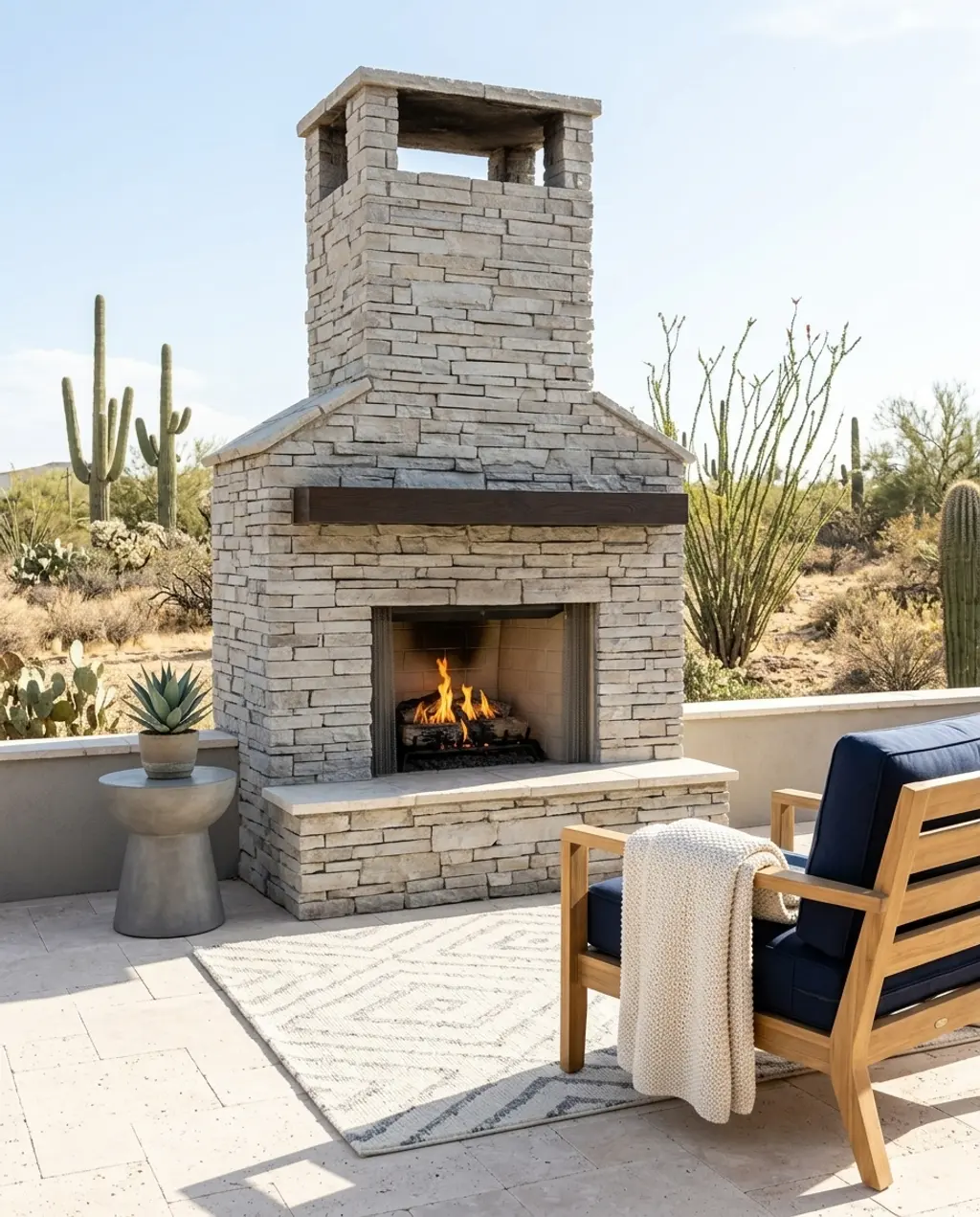 Stone and Wood Fireplace under Covered Patio Roof — Luxury Version