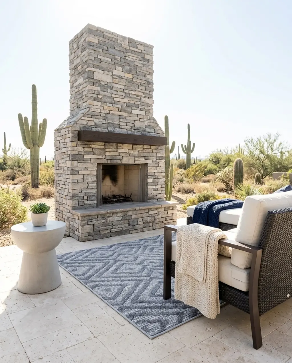 Stone and Wood Fireplace under Covered Patio Roof — Budget Version