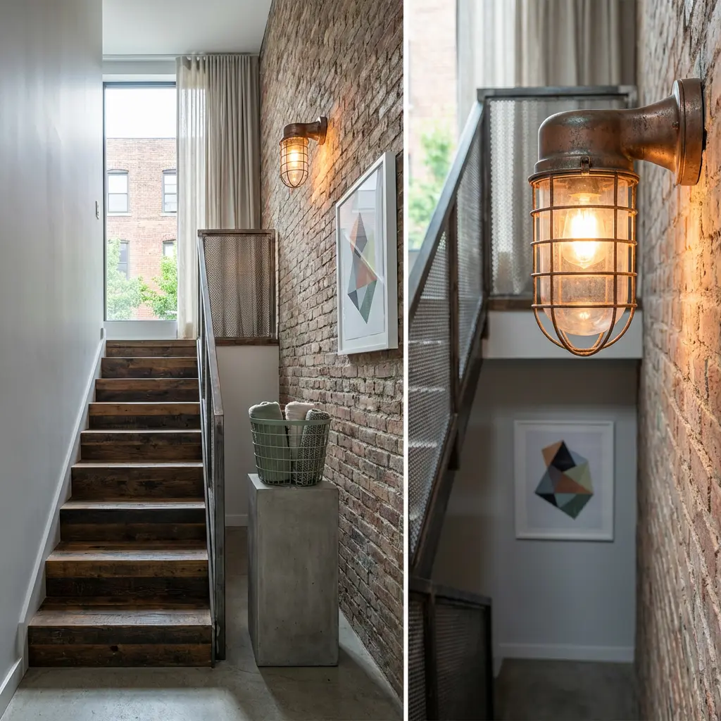 Narrow Industrial Staircase with Perforated Metal and Exposed Brick