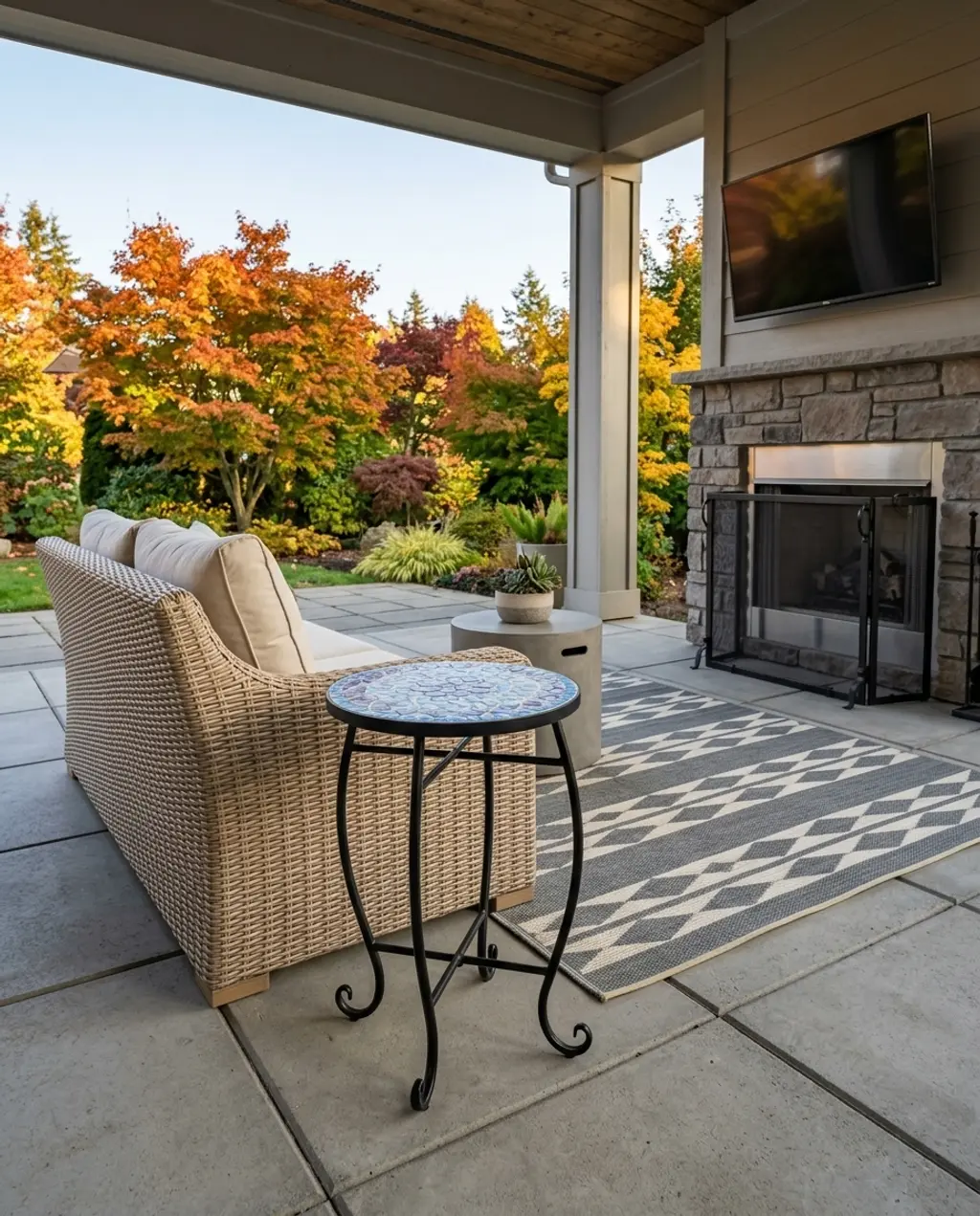 Covered Patio with Cozy Fireplace and TV — Budget Version