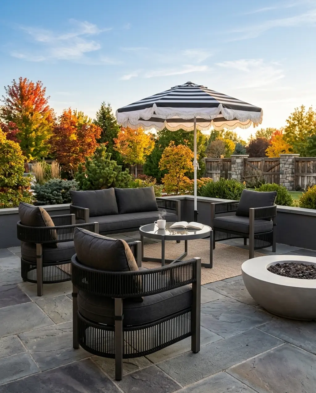 Modern Black Wicker Conversation Set for Patio with Striped Umbrella — Luxury Version