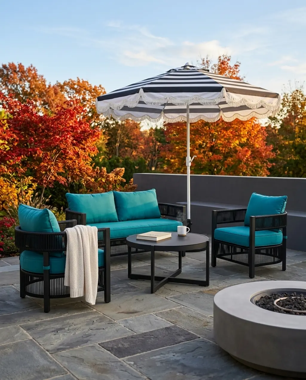 Modern Black Wicker Conversation Set for Patio with Striped Umbrella — Budget Version
