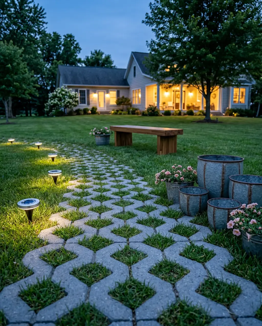 Large Format Stone Pavers with Grass In-Between for a Natural Look