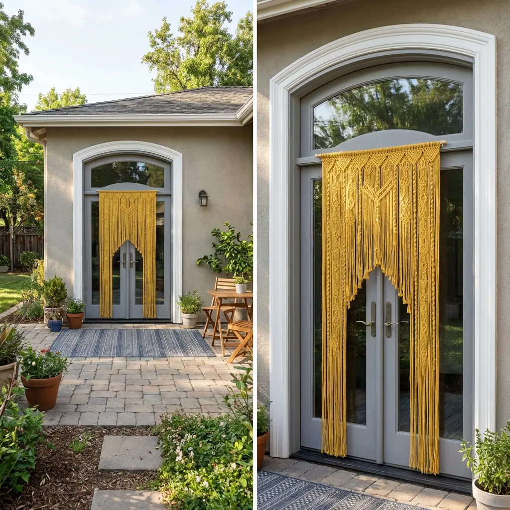 Bohemian Bedroom with Arch-Top French Patio Doors and Macrame Curtains