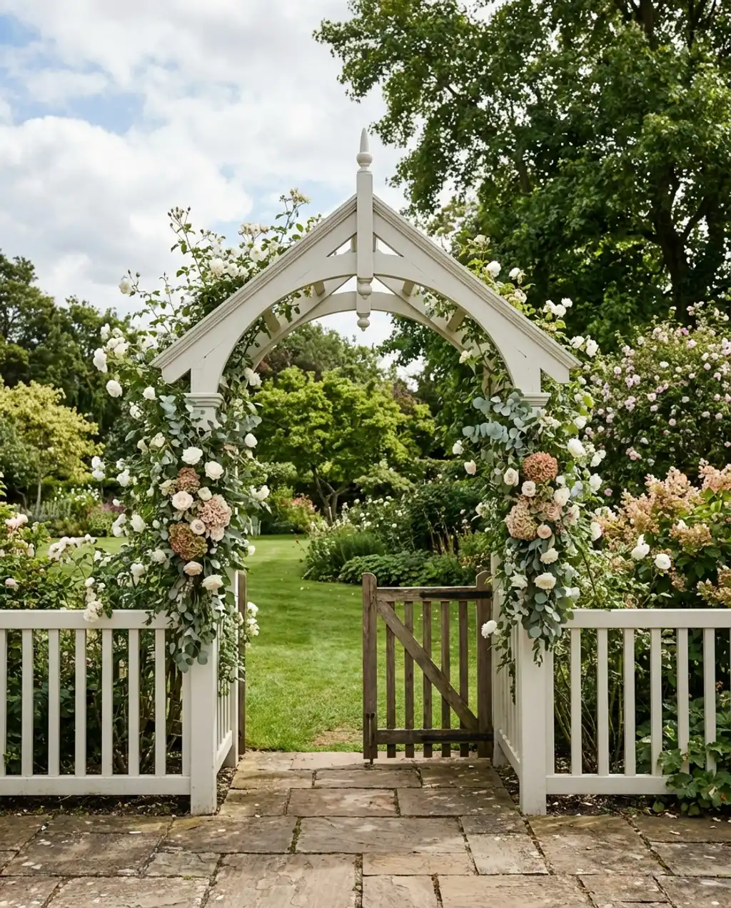 Elegant Wedding Entrance Fence with Floral Arch