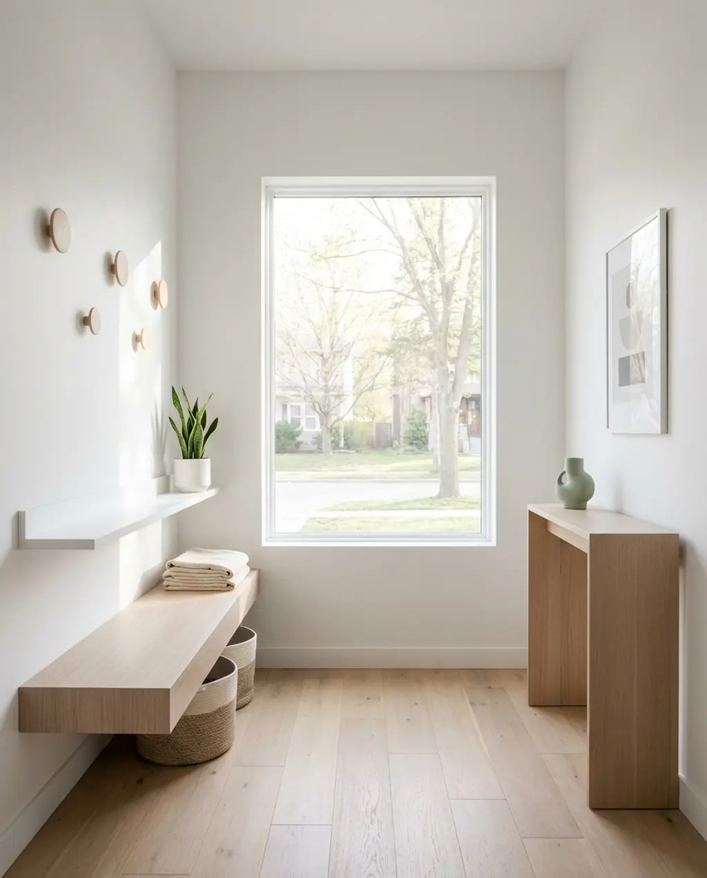 Bright Scandinavian Mudroom with Minimalist Storage — Budget Version