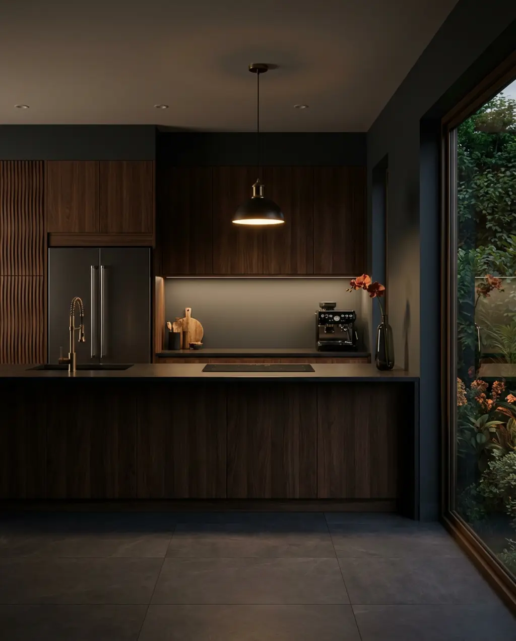 Moody Modern Dark Wood Kitchen with Integrated Appliances — Luxury Version