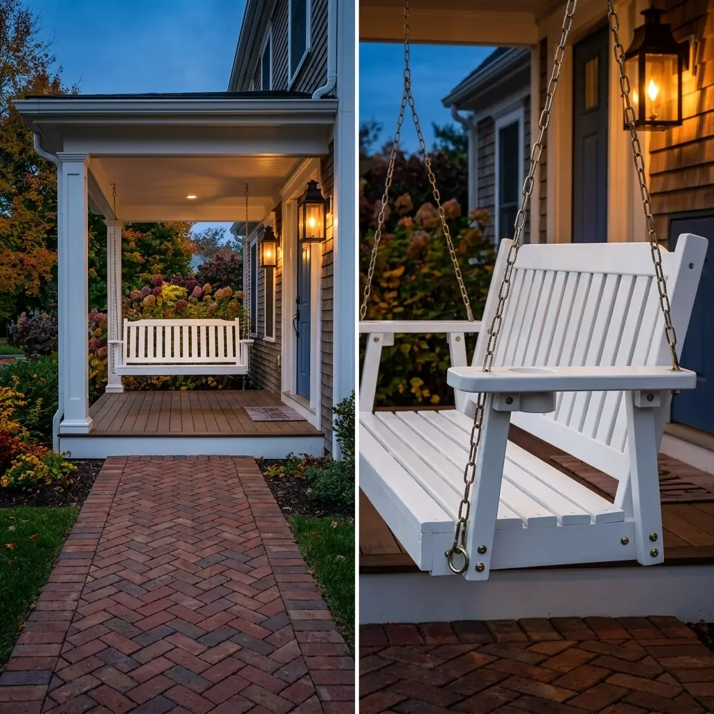 Classic Brick Pavers in a Herringbone Pattern Leading to a Cozy Porch
