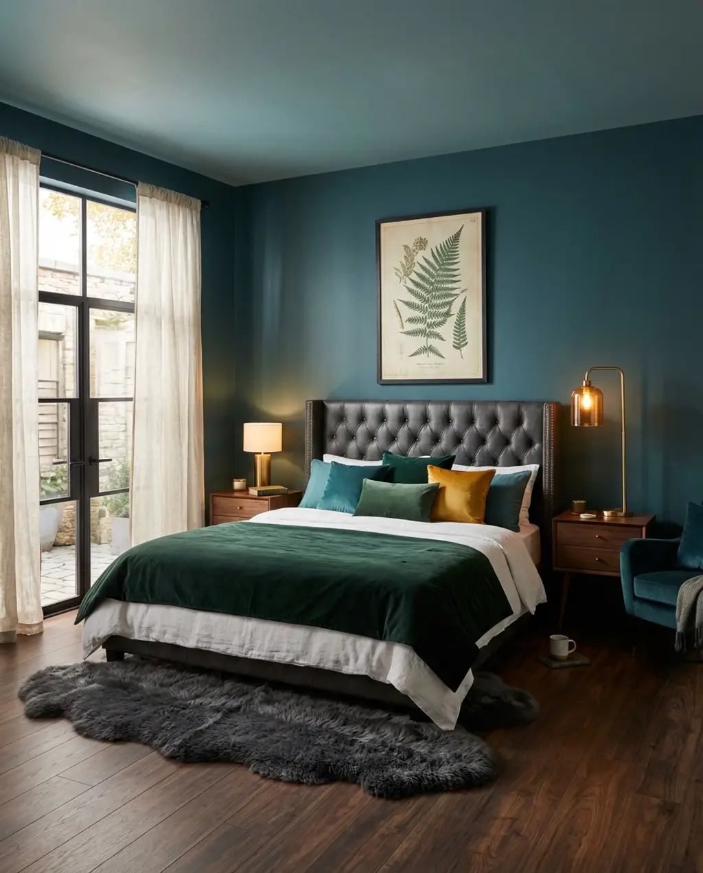 Moody Spring Bedroom: Deep Teal & Botanical Prints — Luxury Version