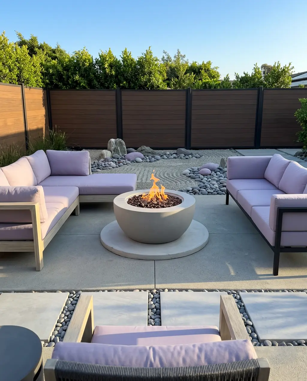 Modern Zen Patio with Fire Pit and Rock Garden — Luxury Version