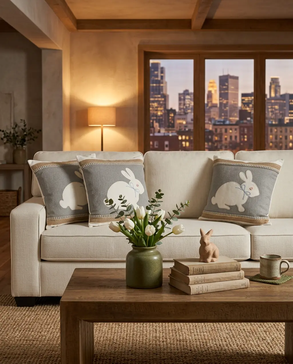 Farmhouse Easter Living Room with Bunny Pillows