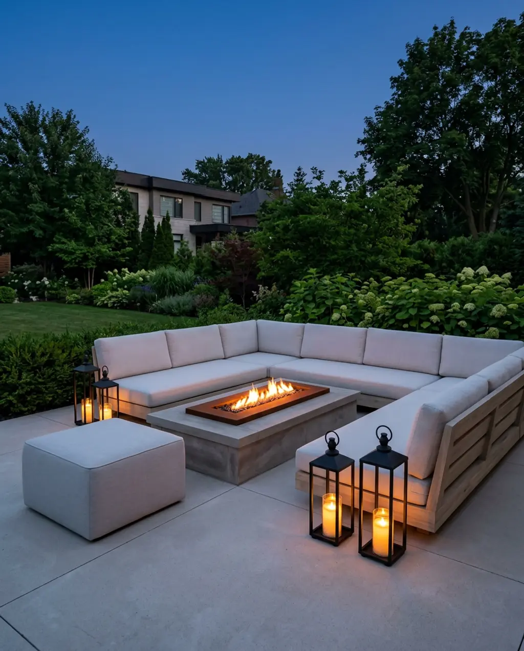 Luxurious Outdoor Lounge with Gray Sectional and Built-in Fire Pit