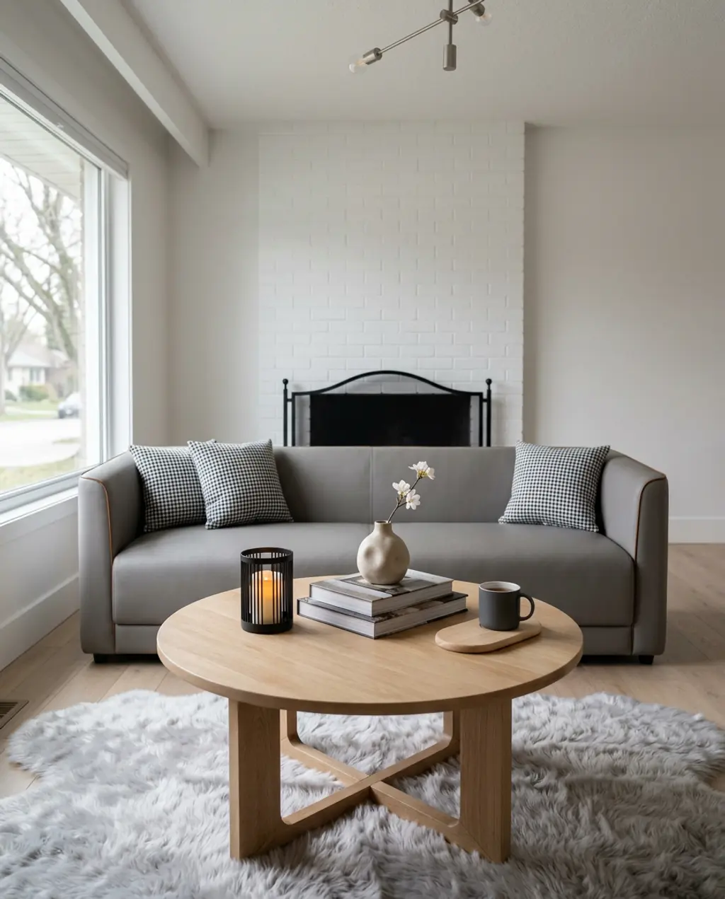 Cozy Scandinavian Spring Living Room with Minimalist Fireplace