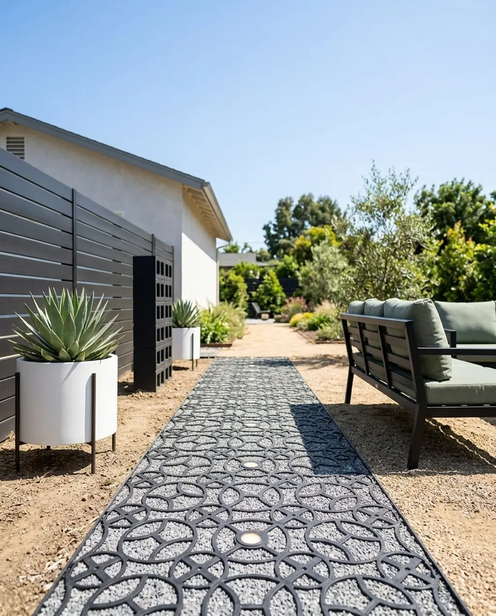 Minimalist Black Pavers with Fine Gravel for a Modern Side Yard — Budget Version