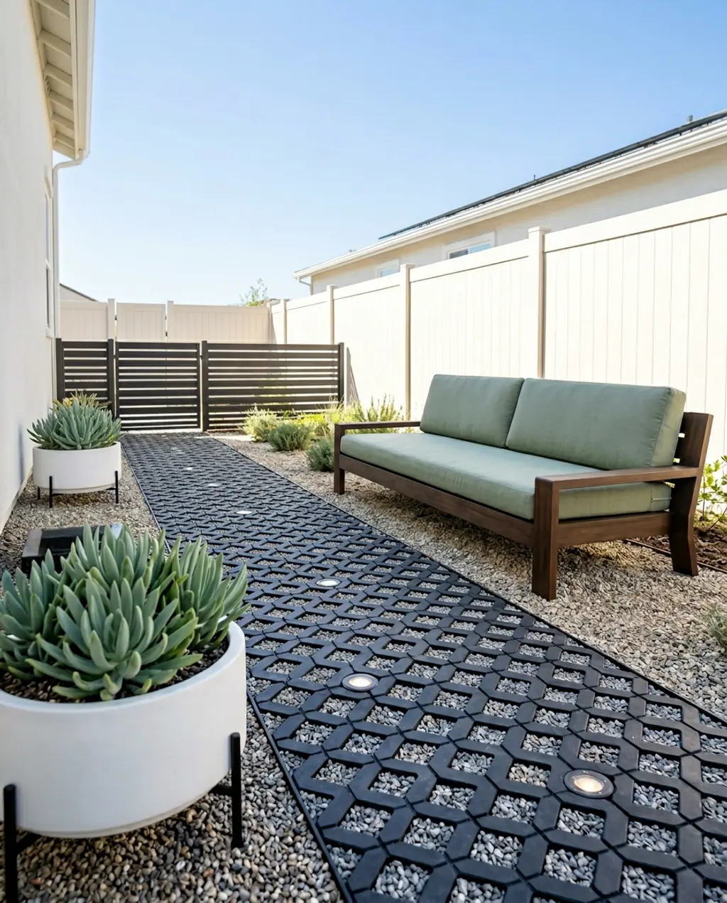 Minimalist Black Pavers with Fine Gravel for a Modern Side Yard — Luxury Version