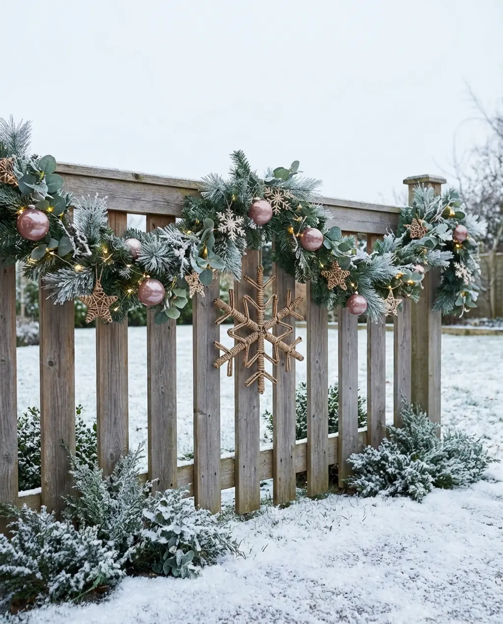 Christmas Winter Wonderland Fence with Garland & Ornaments — Luxury Version