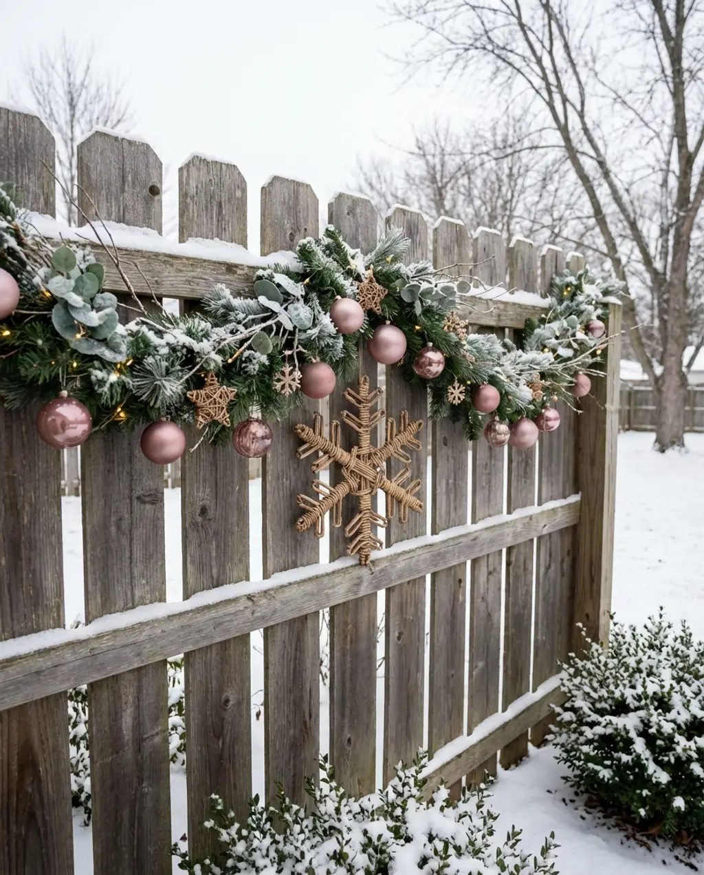 Christmas Winter Wonderland Fence with Garland & Ornaments — Budget Version