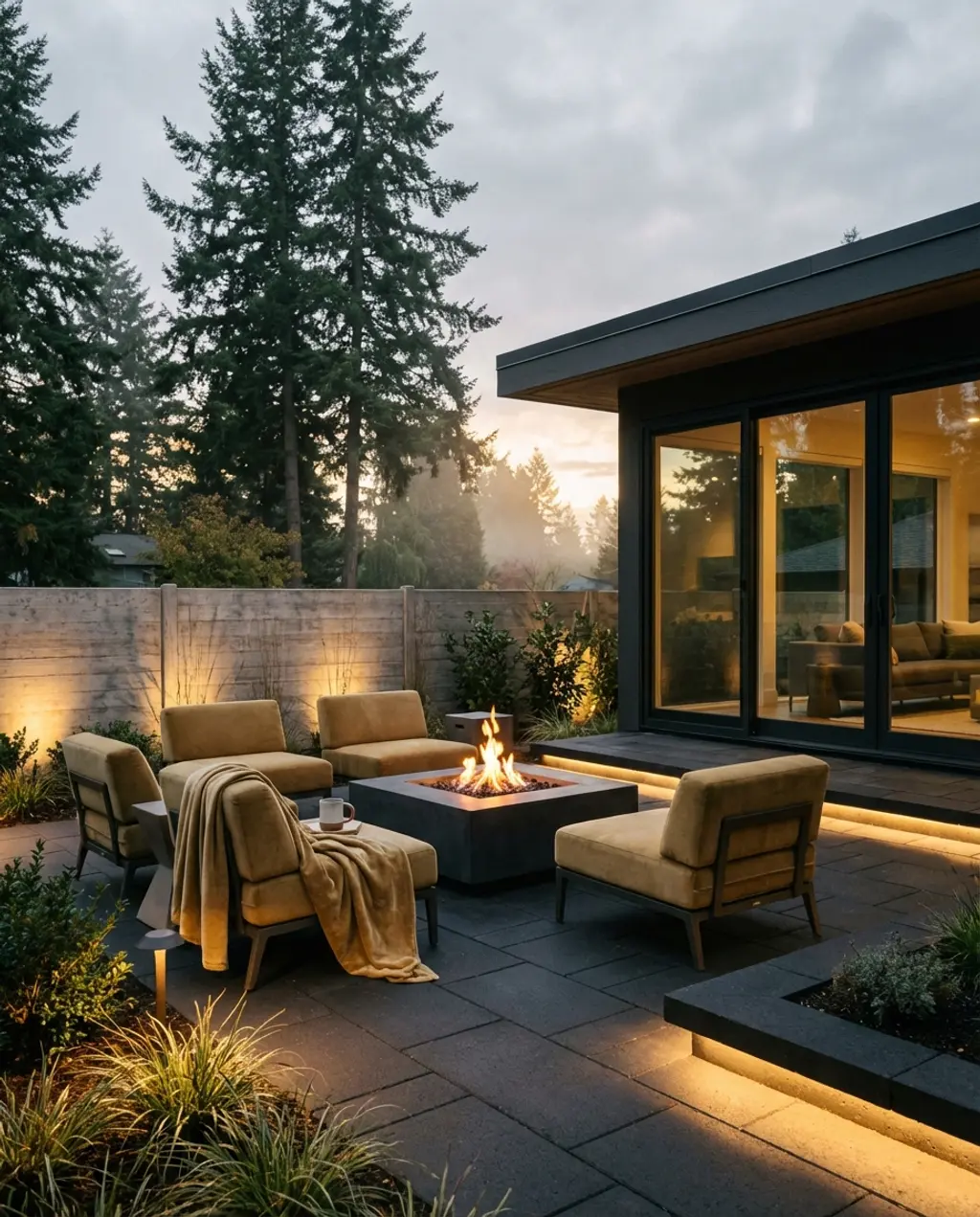 Contemporary Driveway with Dark Pavers and Ambient Up-Lighting