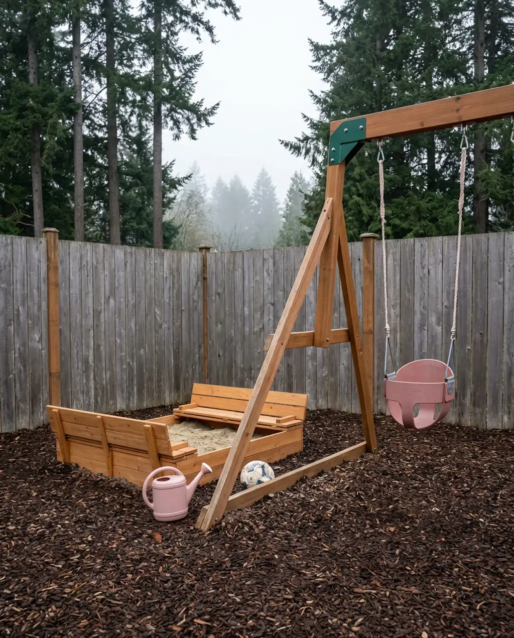 Natural Wood Playset with Toddler Swing & Sandbox — Budget Version