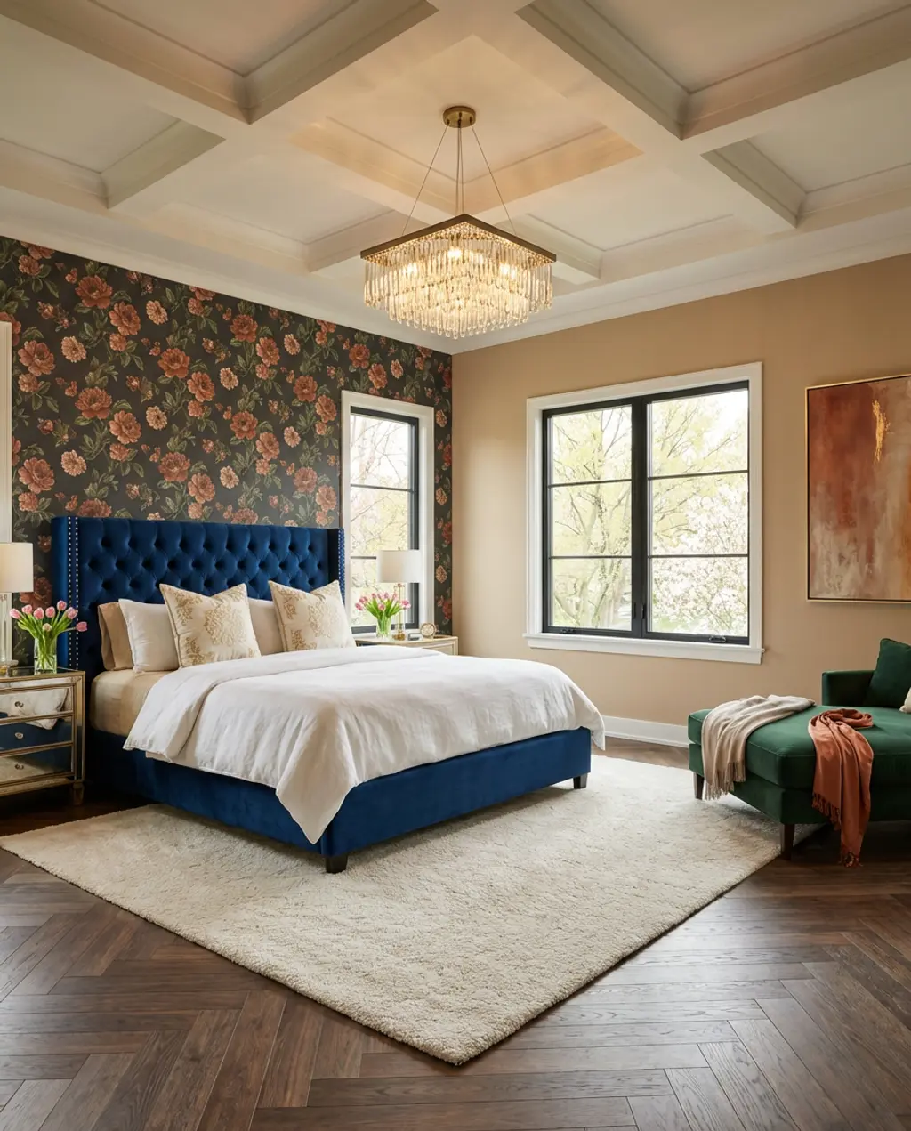 Dramatic Floral Wallpaper in a Glamorous Master Bedroom — Budget Version