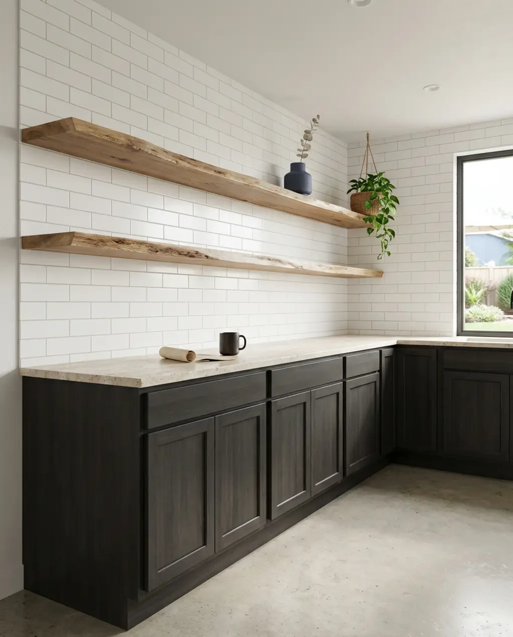 Dark Wood Kitchen with Open Shelving and White Tiles