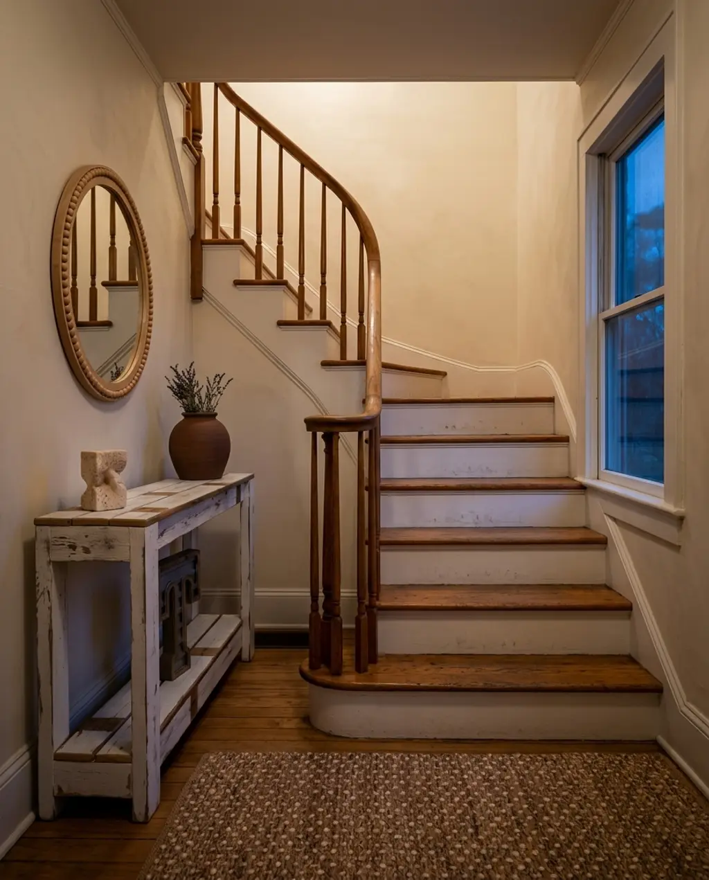 Rustic Farmhouse Staircase with White Risers and Wood Treads