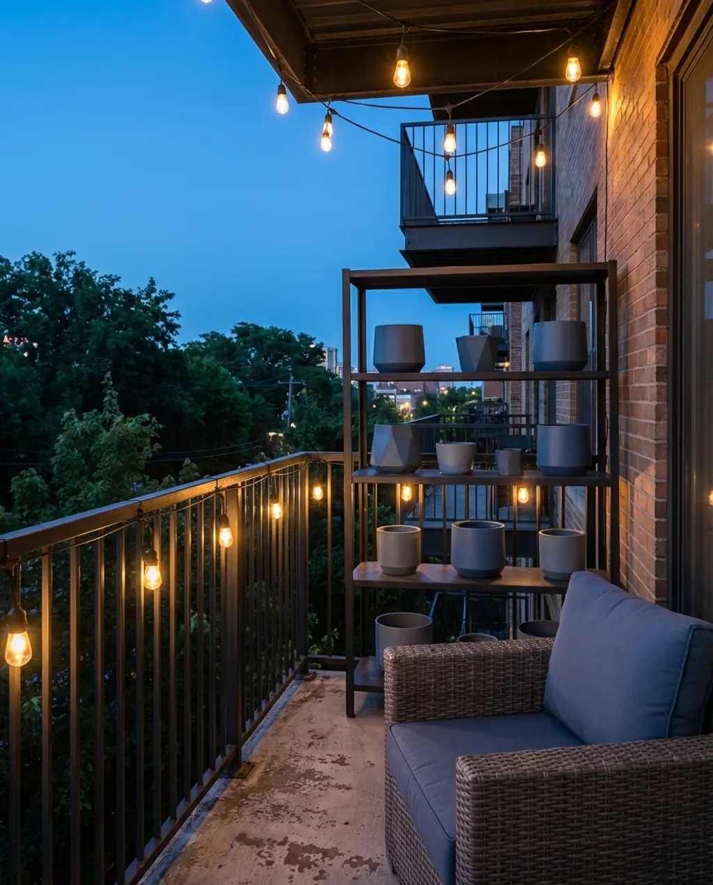 Industrial Chic Balcony with Metal Shelving and Edison Bulbs