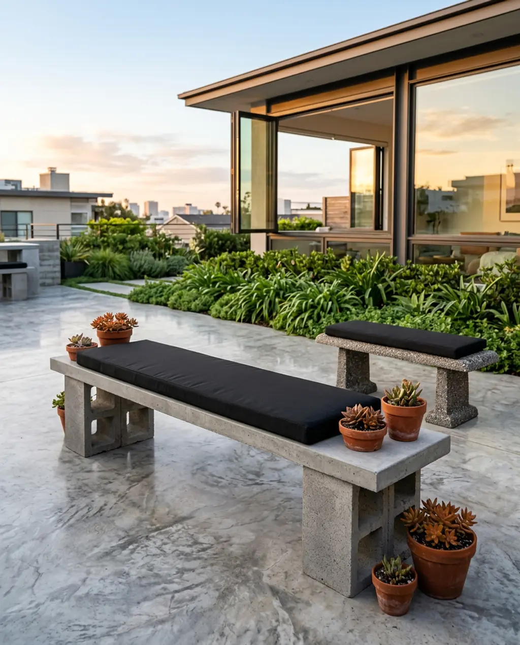 DIY Concrete Block Seating with Black Cushions and Succulent Planters — Luxury Version
