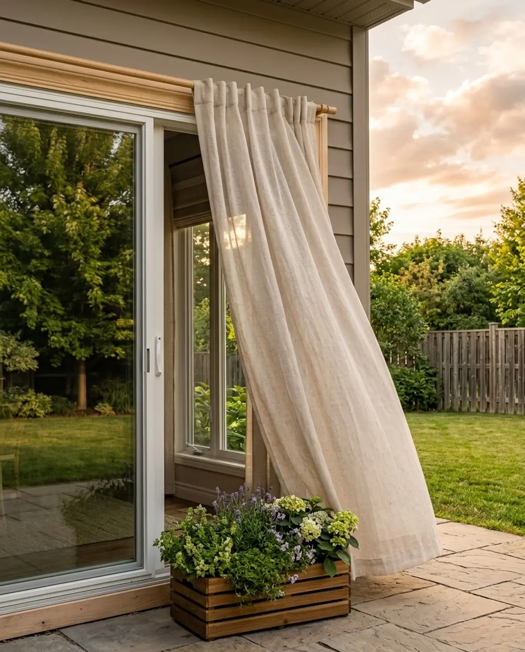 Scandi-Boho Patio Doors with Natural Wood Frame and Linen Curtains