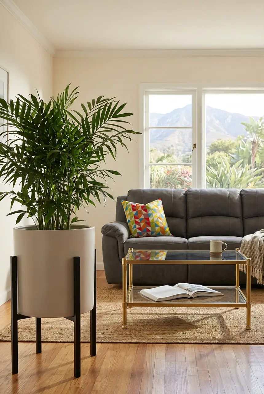 Spacious Spring Living Room with Dark Gray Couch and Vibrant Textiles