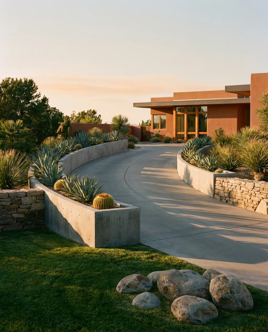 Modern Driveway Edging Ideas with Integrated Planters
