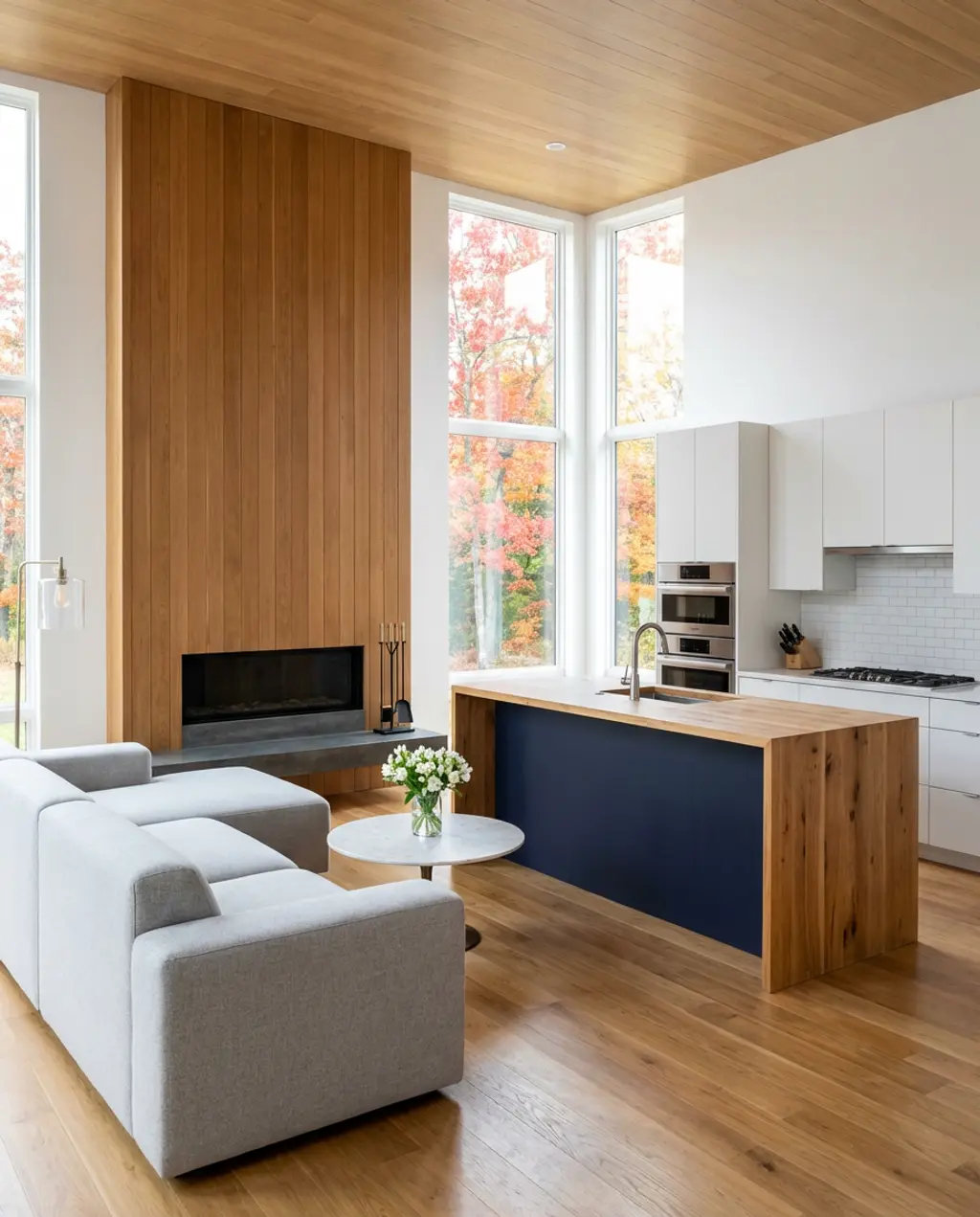 Contemporary Open Kitchen Living with Integrated Fireplace