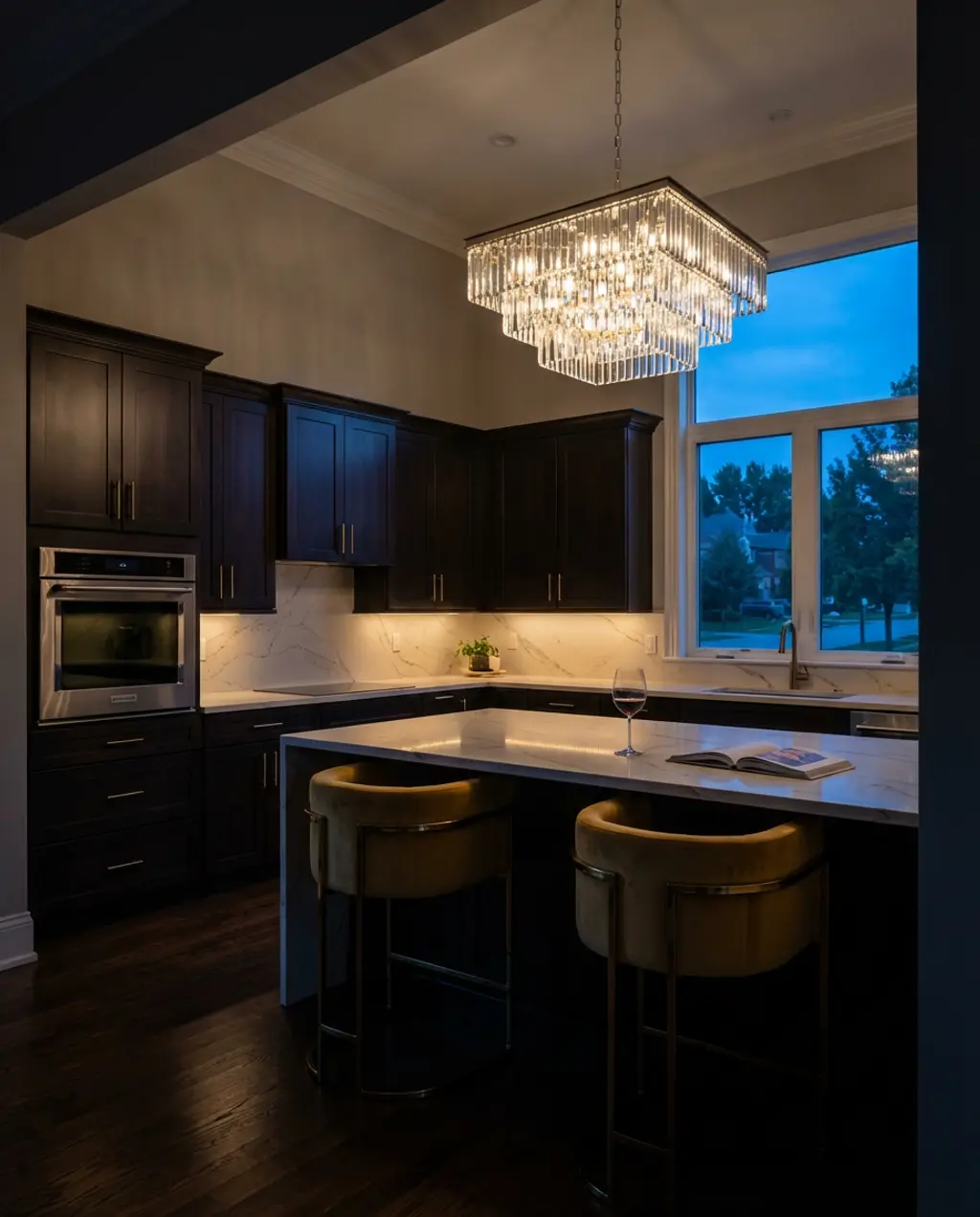 Luxurious Dark Wood Kitchen with Marble Countertops