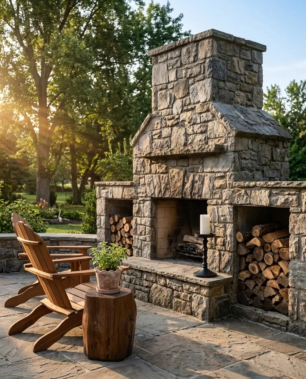 Rustic Stone Fireplace with Wood Storage Nooks