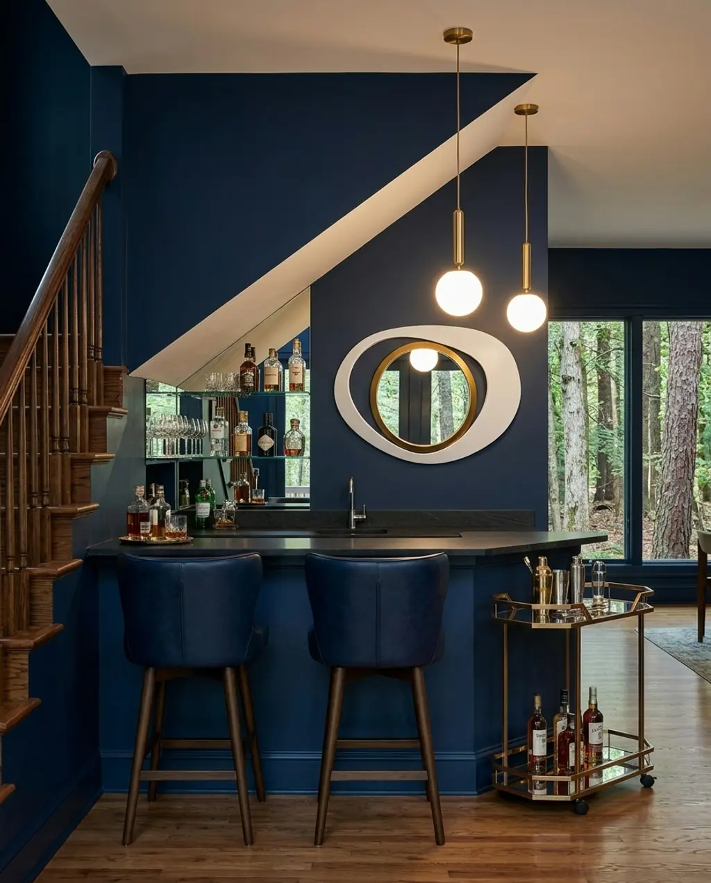 Under-Stair Home Bar with Mirrored Shelves and Globe Pendants