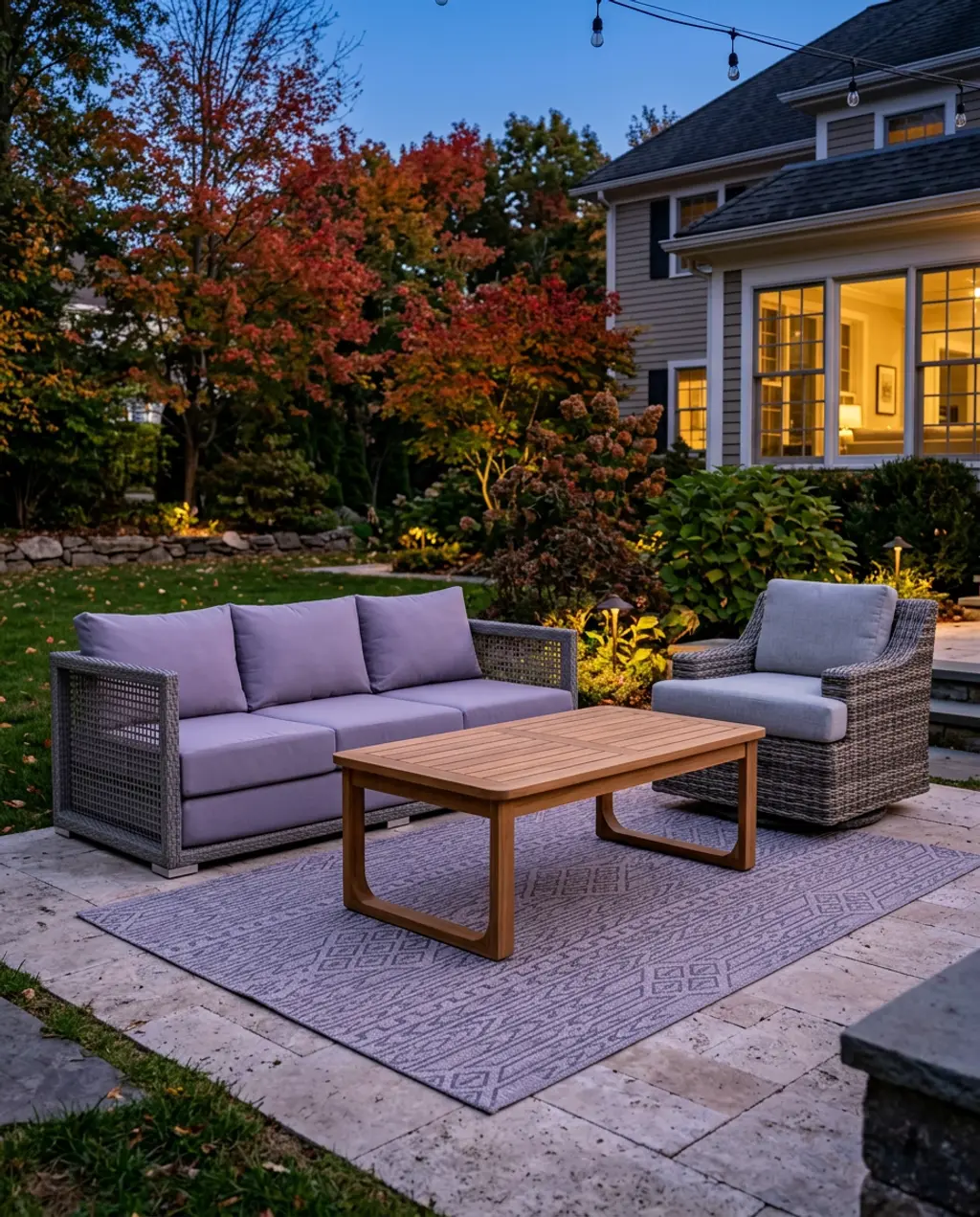 Transitional Backyard Patio with Gray Wicker and Wood Accents