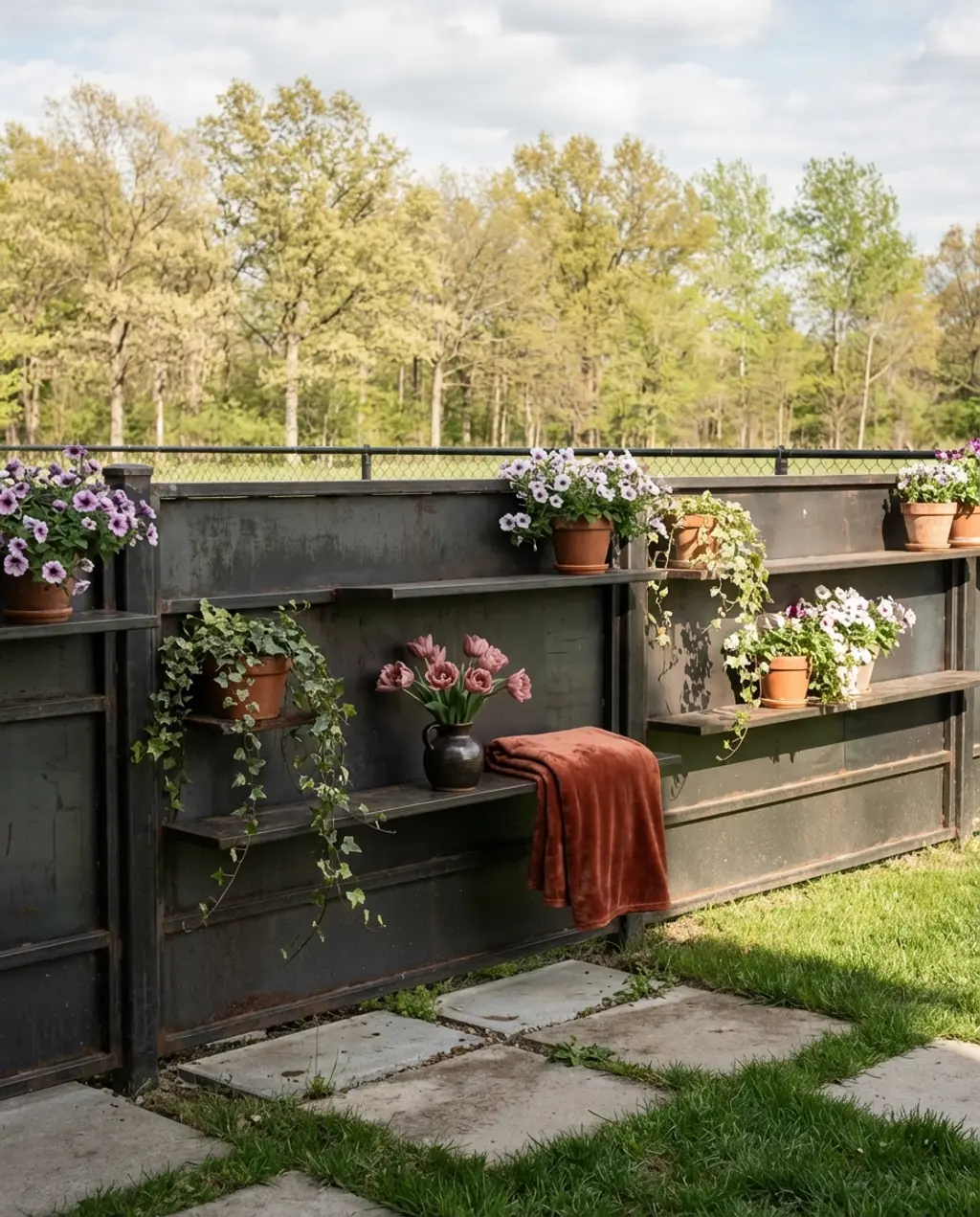 Creative Metal Fence with Integrated Shelving & Planters