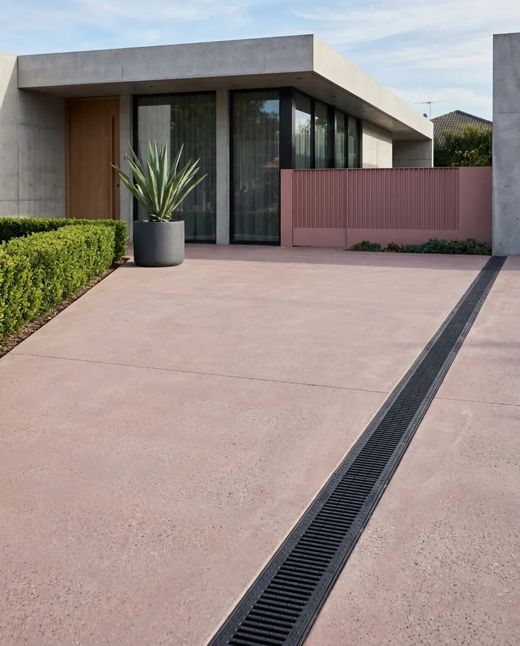 Minimalist Concrete Driveway with Subtle Texture and Drainage