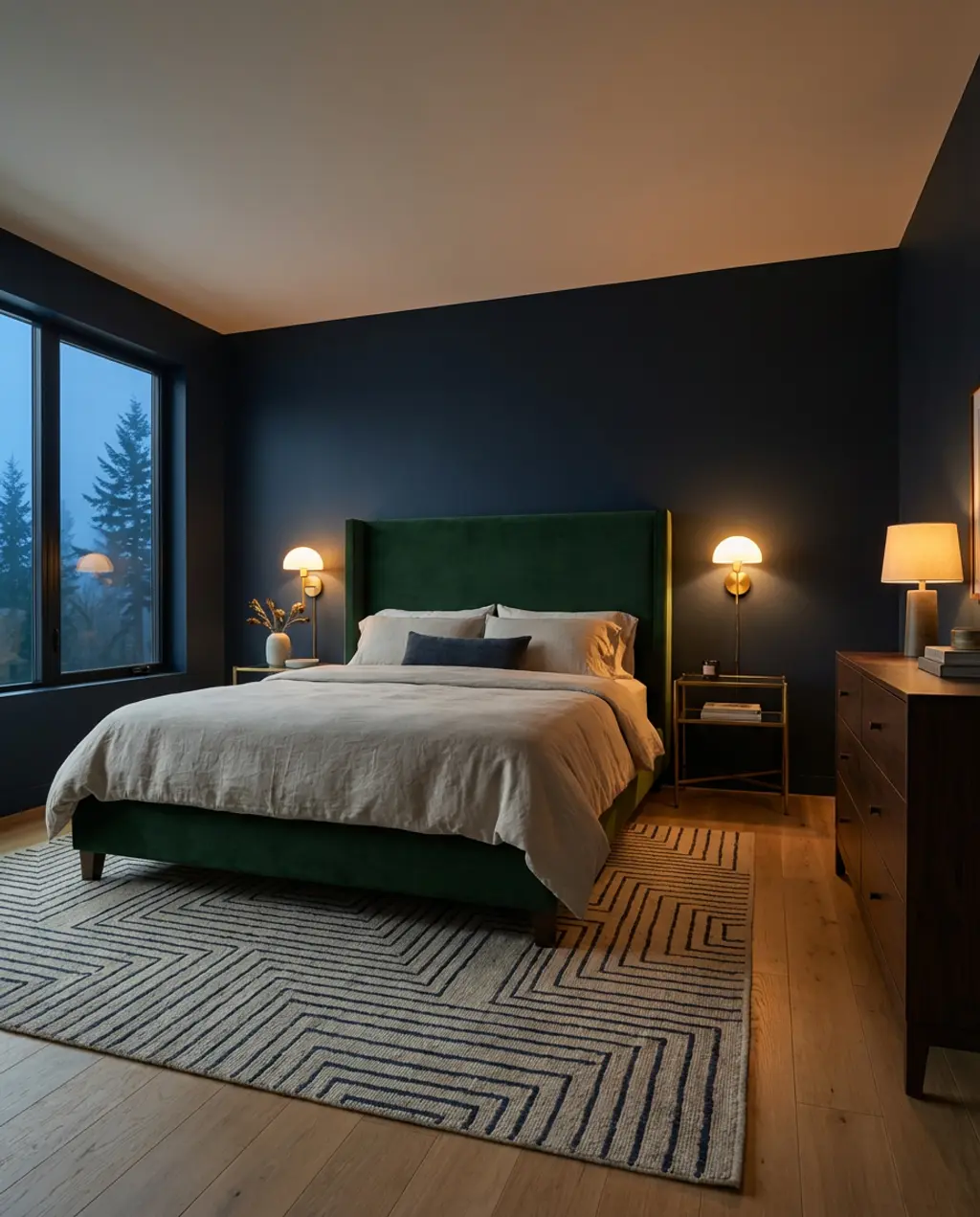 Moody Spring Bedroom with Deep Navy and Forest Green